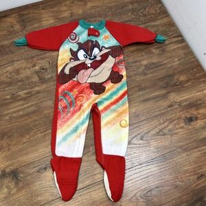 VTG 90s Looney Tunes‎ Baby Taz 3T Fleece Sleeper Romper Red One Piece Outfit USA